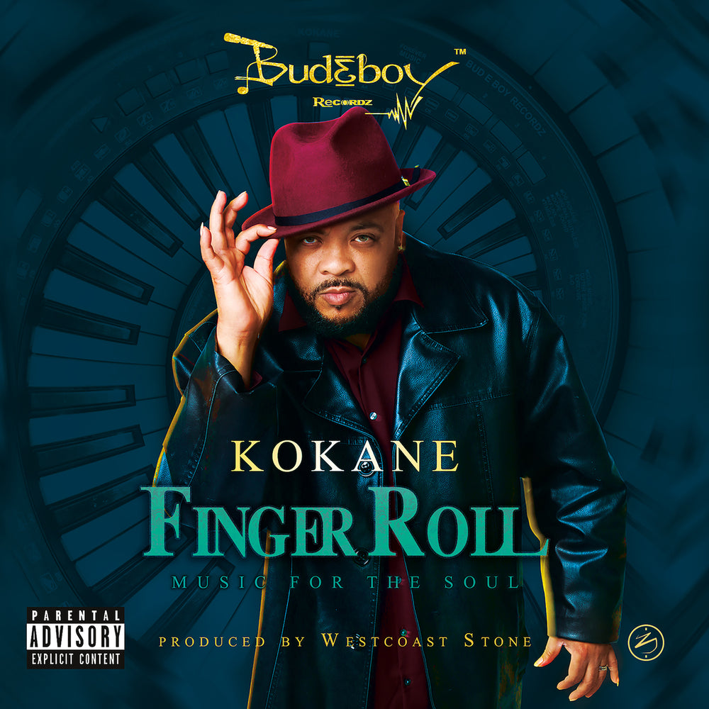 Official album cover for Kokane's "Finger Roll [Music For The Soul]." The artwork features Kokane tipping his maroon fedora, styled in a black leather jacket against a dark teal background with piano keys and a vinyl record design. Produced by Westcoast Stone under Bud E Boy Recordz.